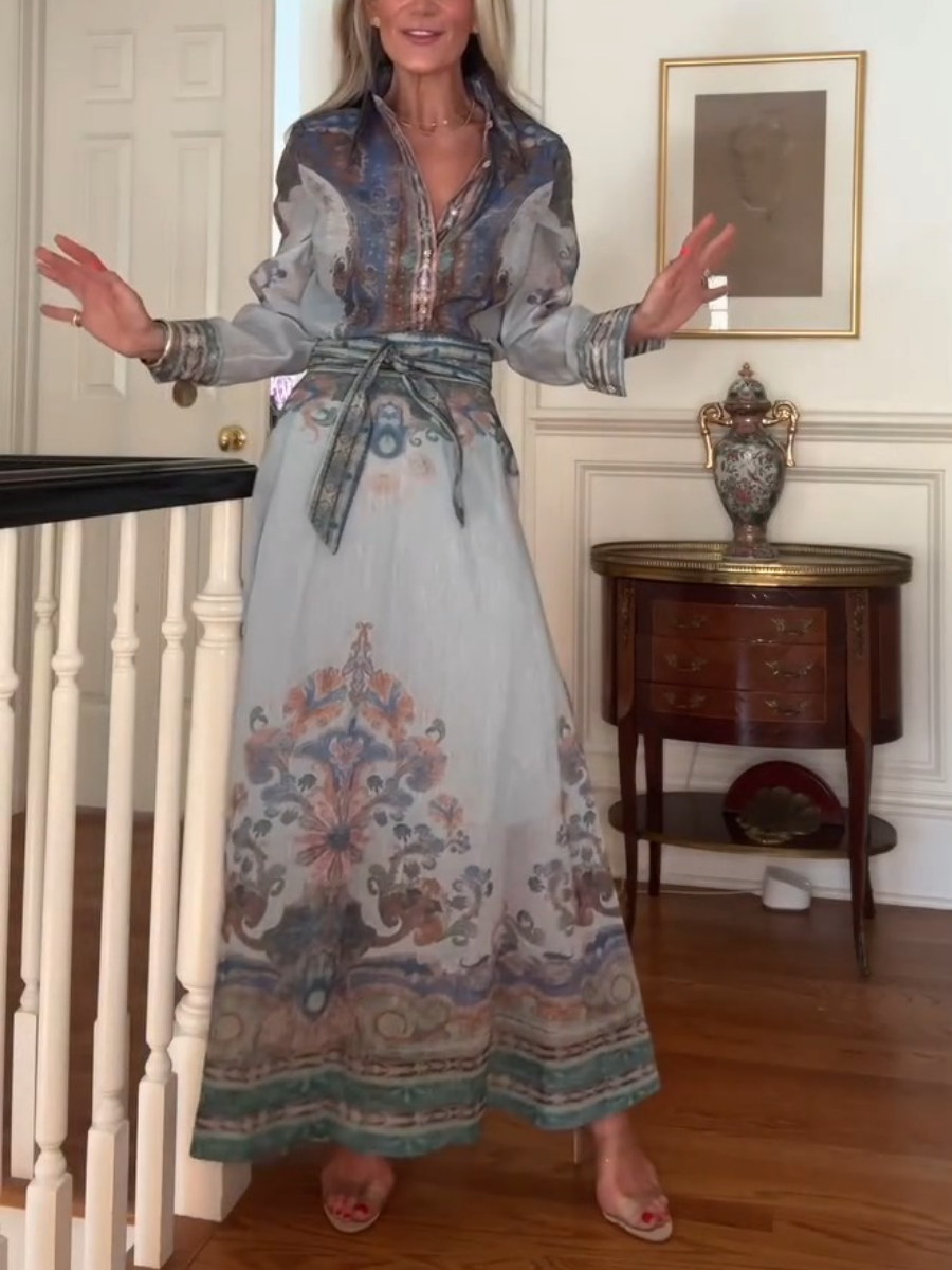 Elegant Shirt Two-piece Blue Print Dress