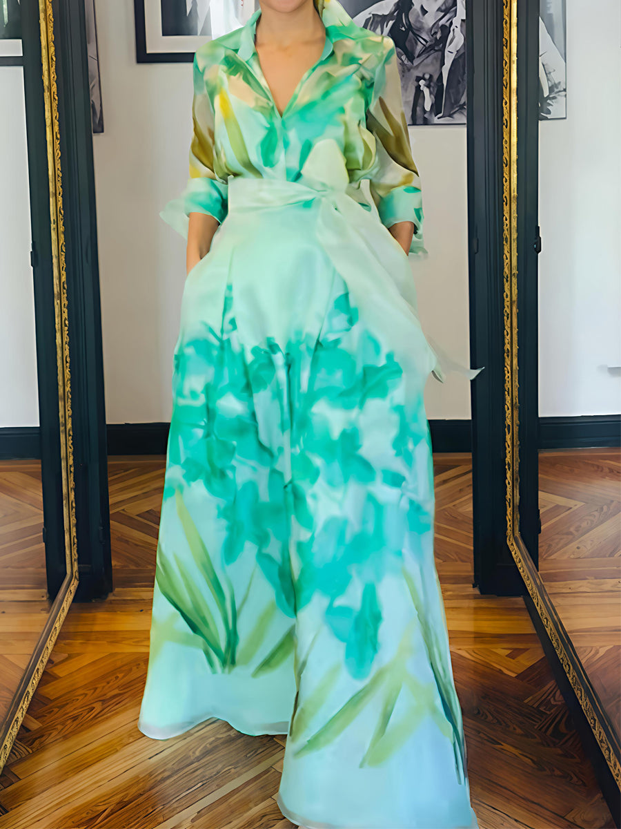 Elegant Printed Lace-up Pockets Maxi Dress