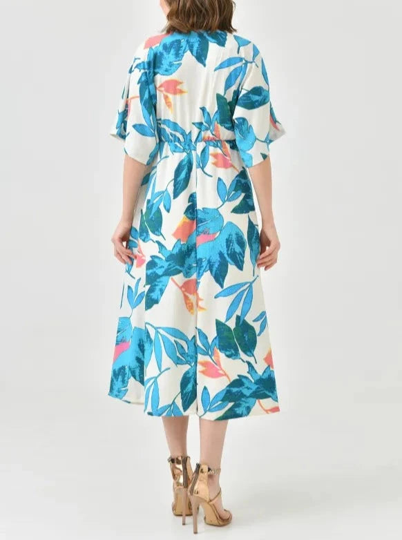Summer Loose V-neck Tight Waist Printed Midi Dress