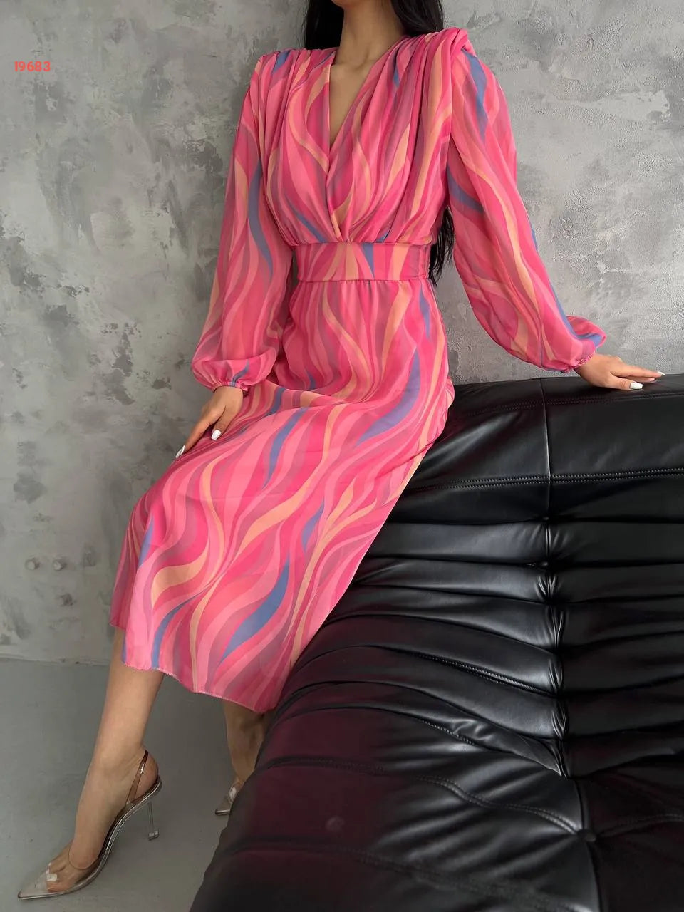 Elegant V-Neck Striped Tulle Midi Dress