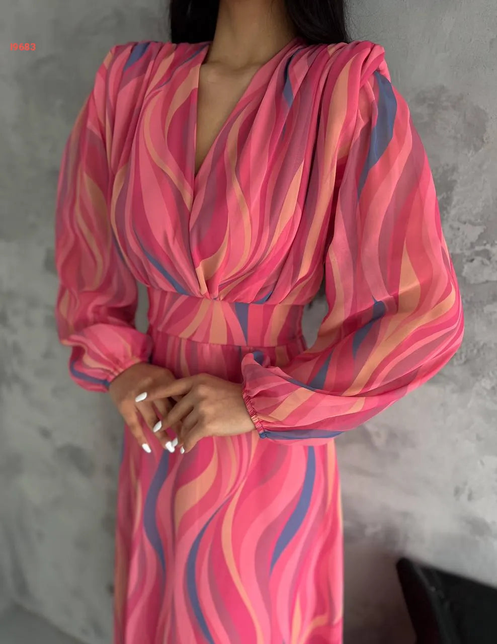 Elegant V-Neck Striped Tulle Midi Dress