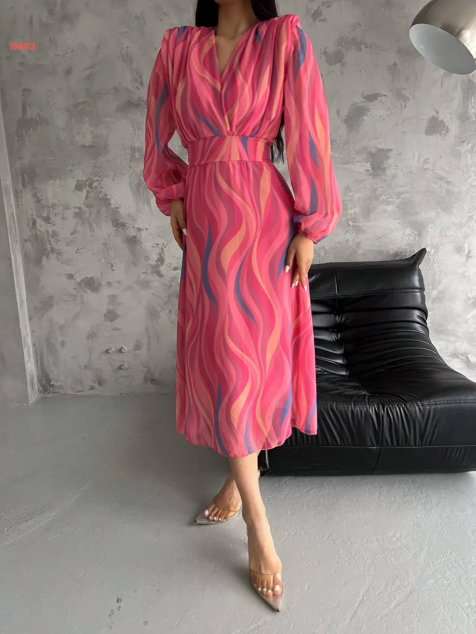 Elegant V-Neck Striped Tulle Midi Dress