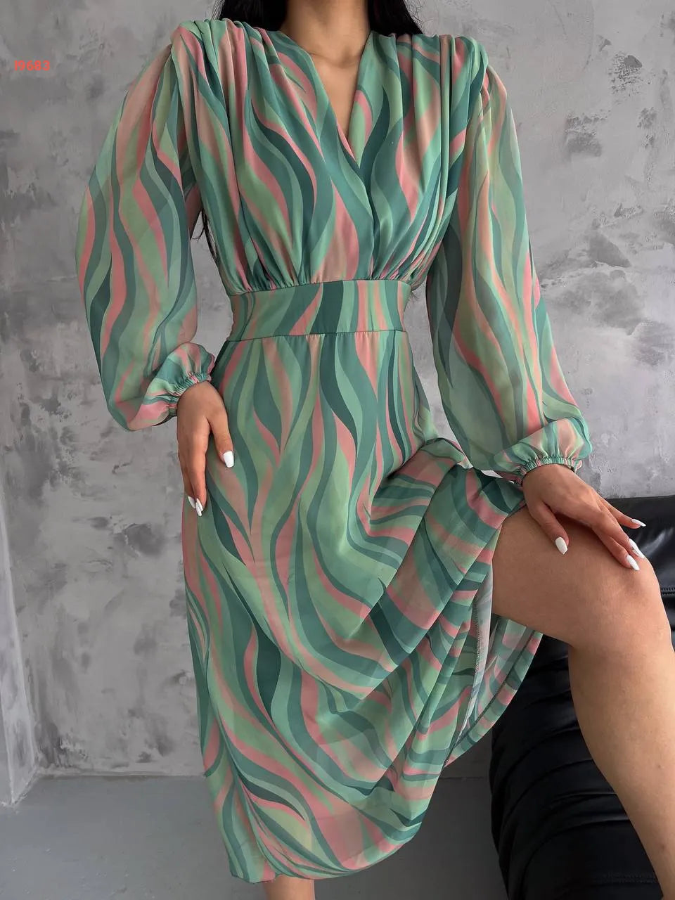 Elegant V-Neck Striped Tulle Midi Dress
