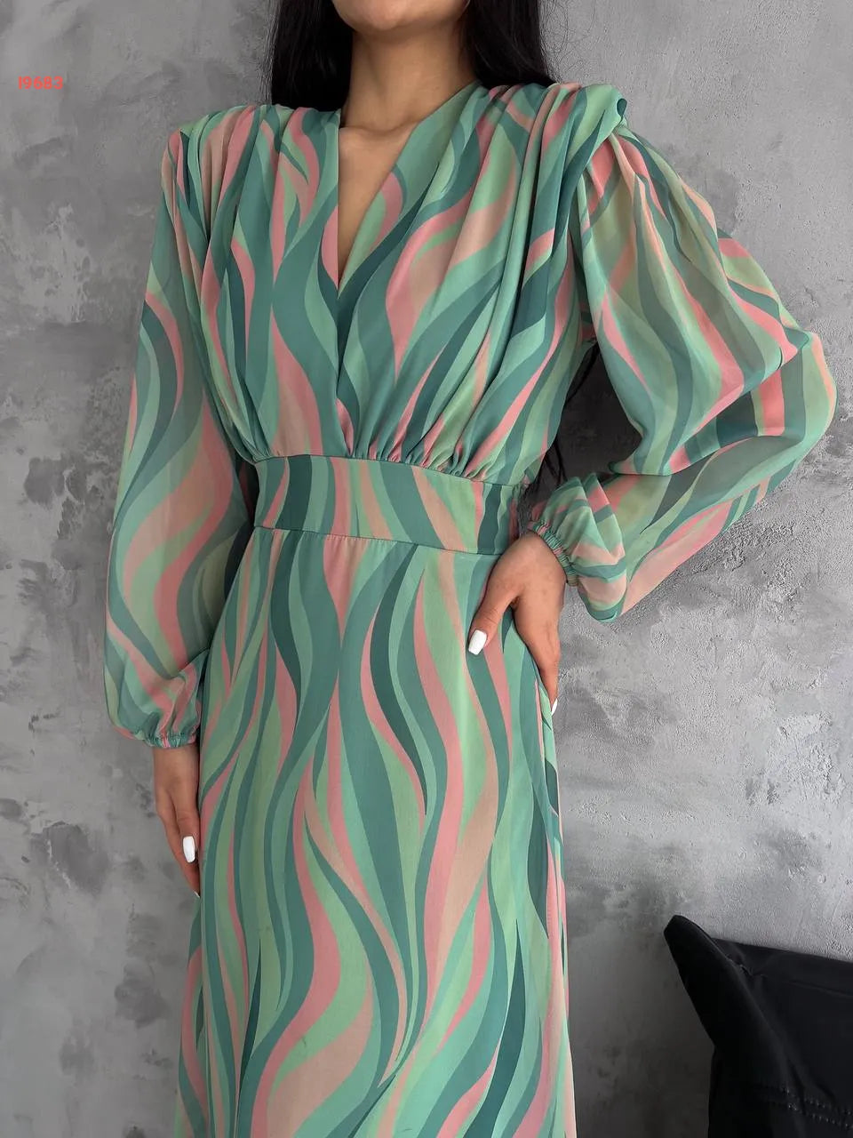Elegant V-Neck Striped Tulle Midi Dress