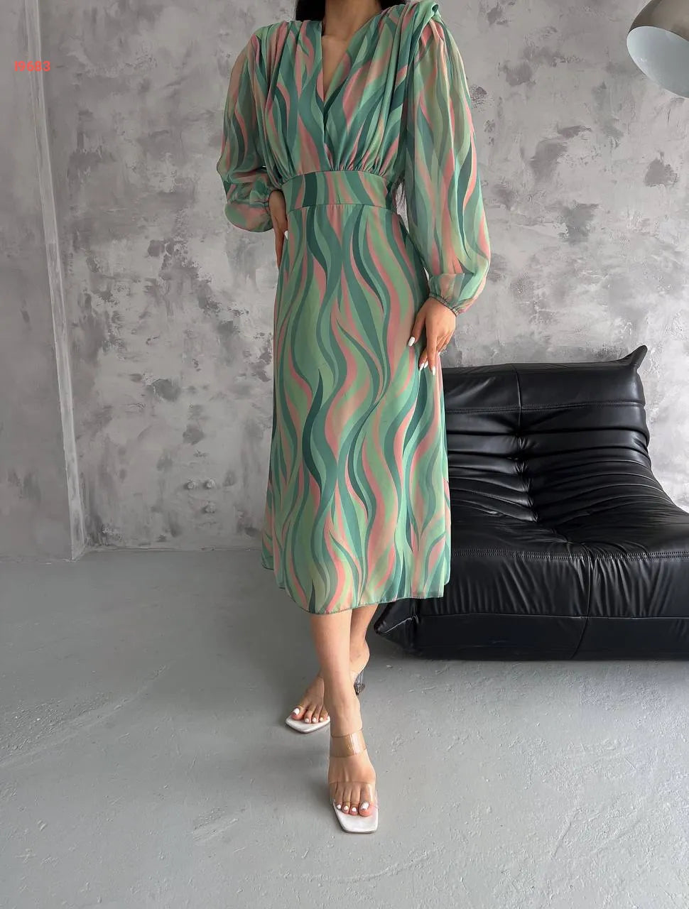 Elegant V-Neck Striped Tulle Midi Dress