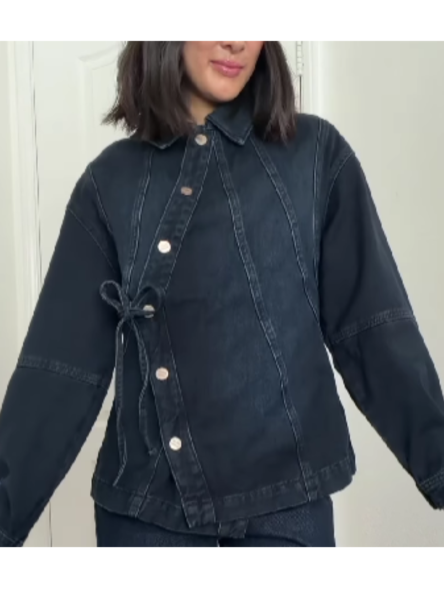 Denim Coat With Slant Button And Tether