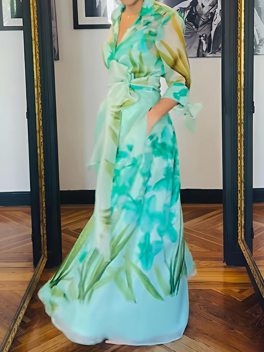 Elegant Printed Lace-up Pockets Maxi Dress