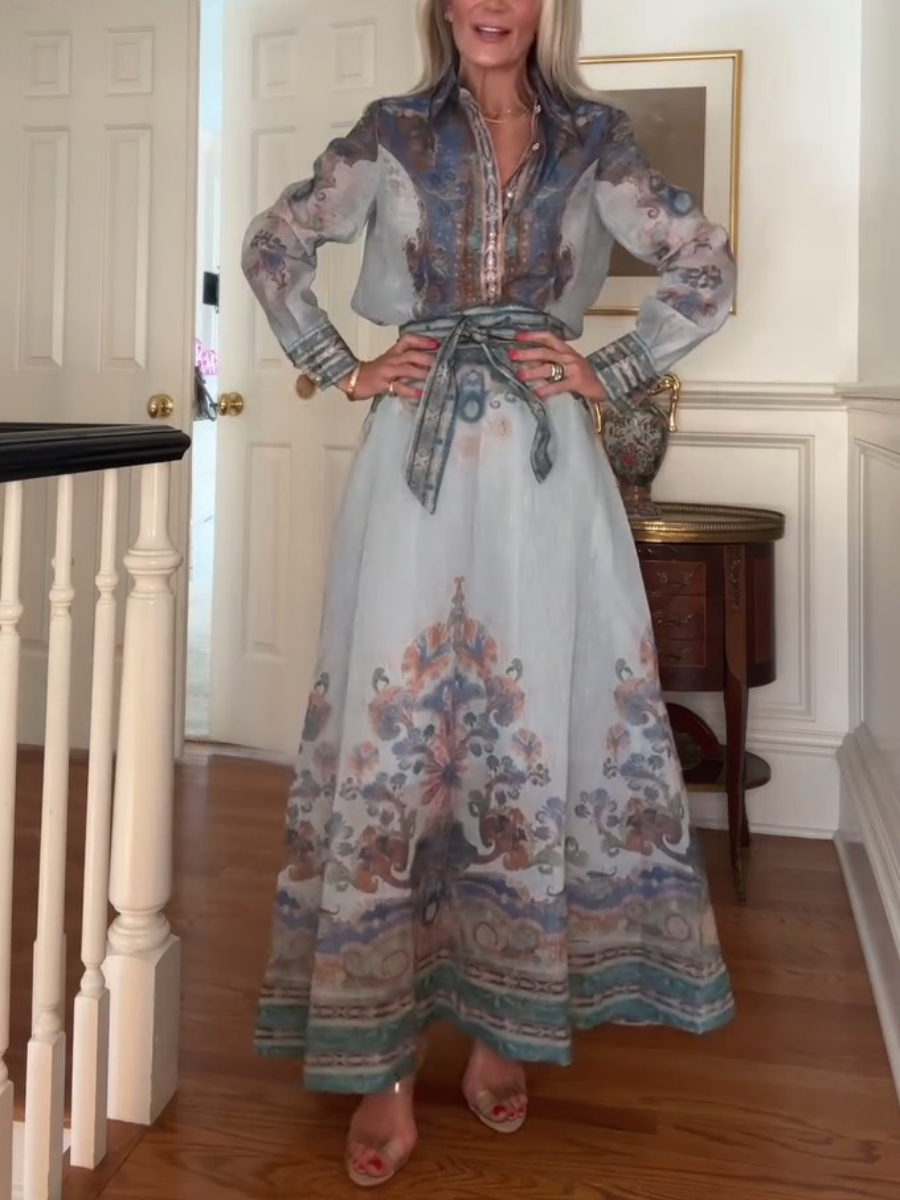 Elegant Shirt Two-piece Blue Print Dress