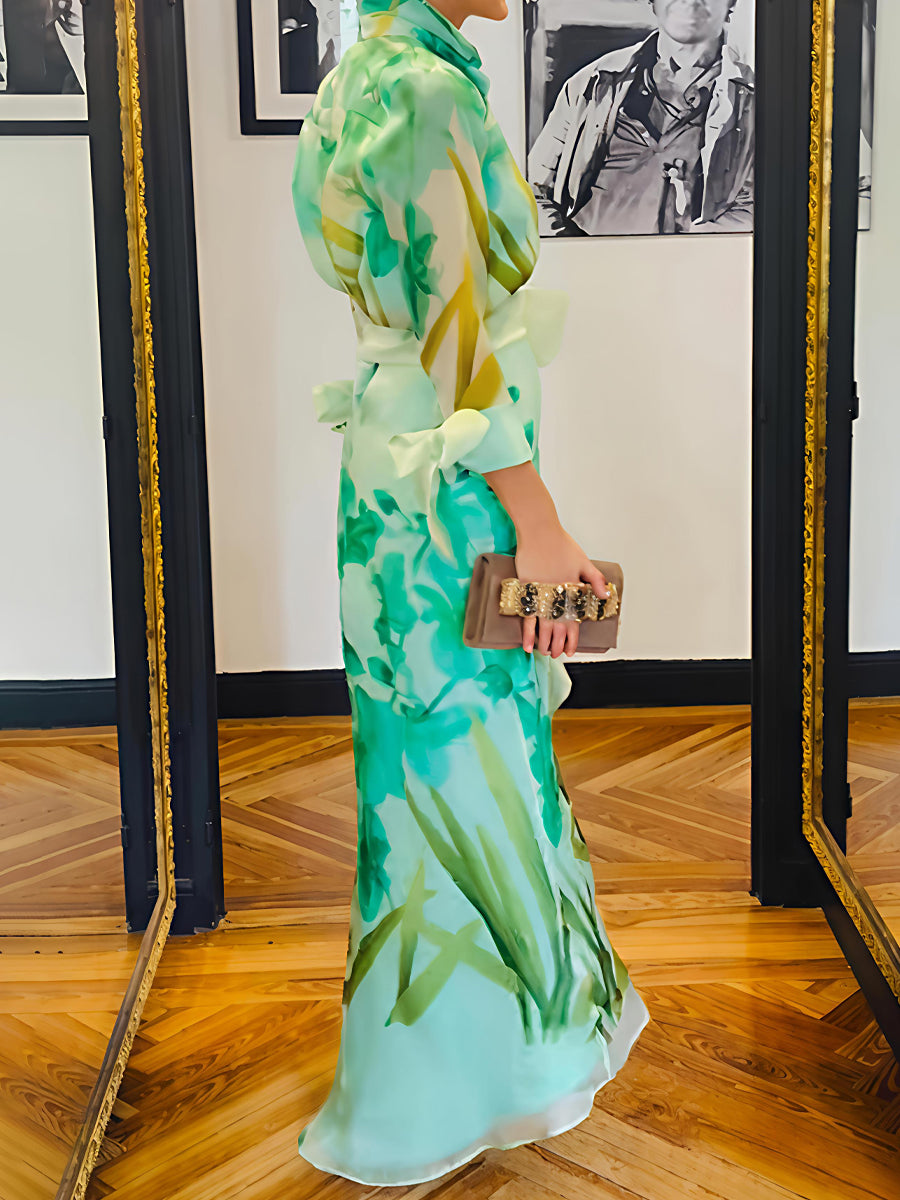 Elegant Printed Lace-up Pockets Maxi Dress