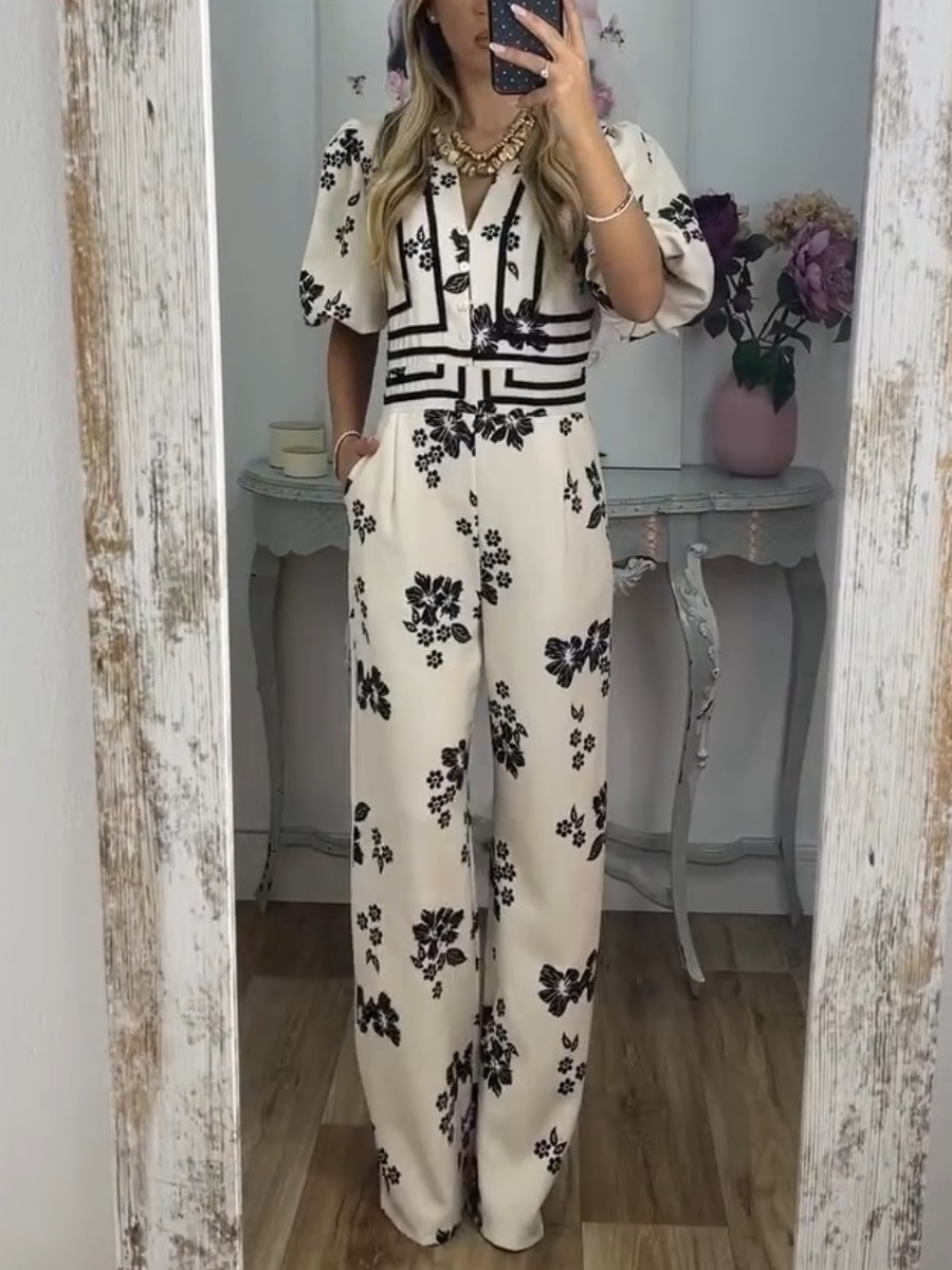 Fashion Button Print Jumpsuit