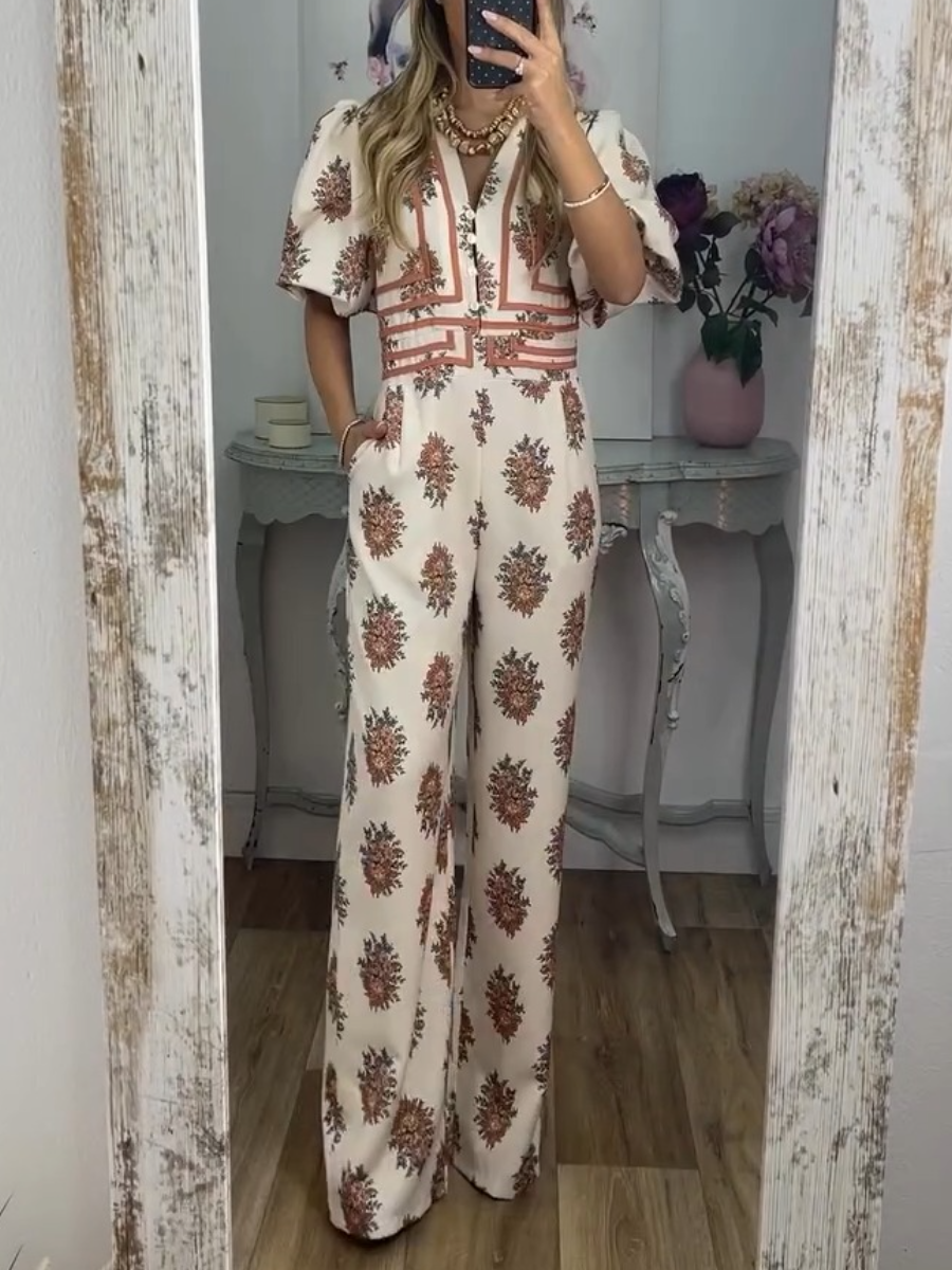 Fashion Button Print Jumpsuit