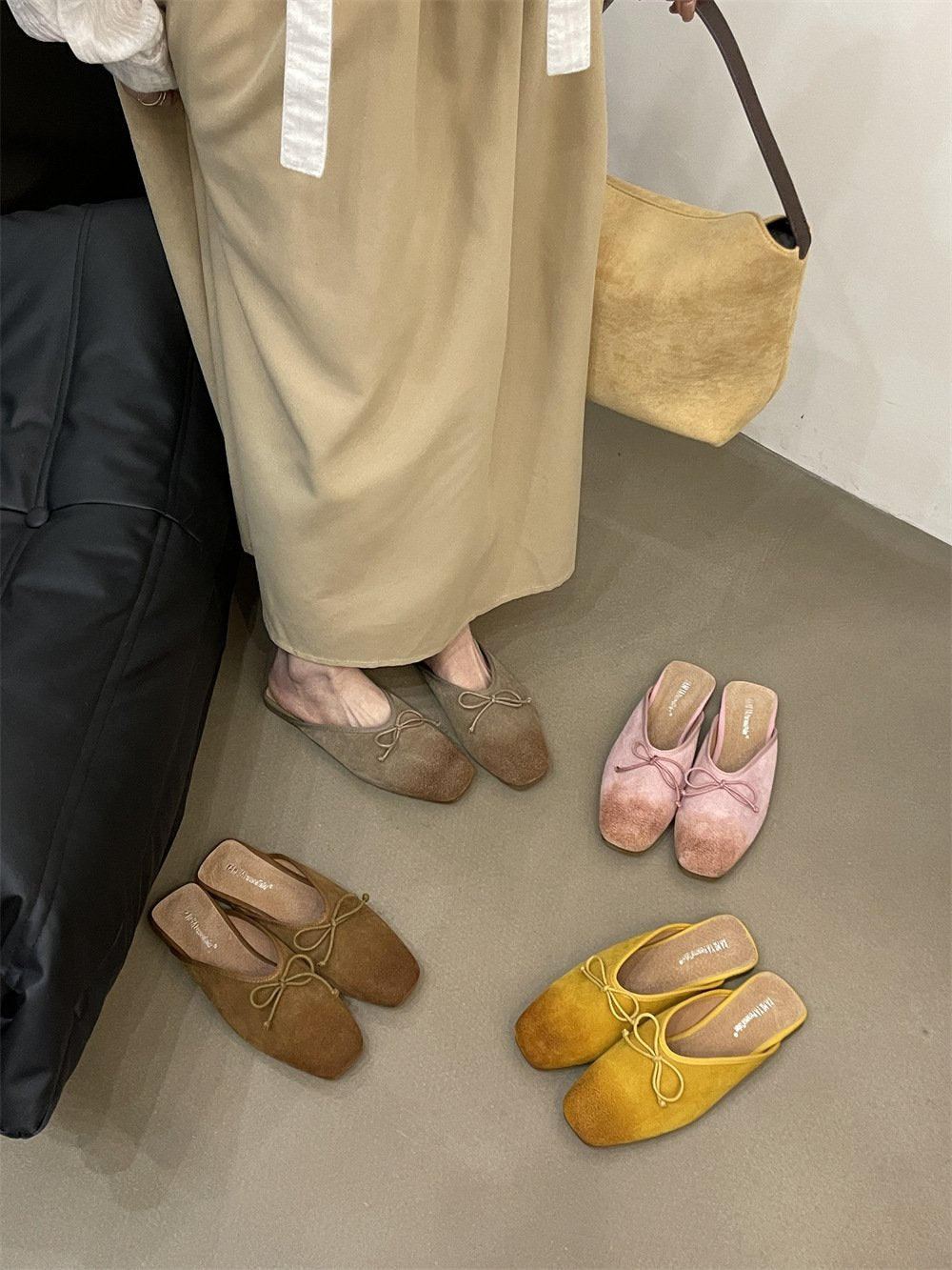 Flat retro nubuck genuine leather slip-on mules
