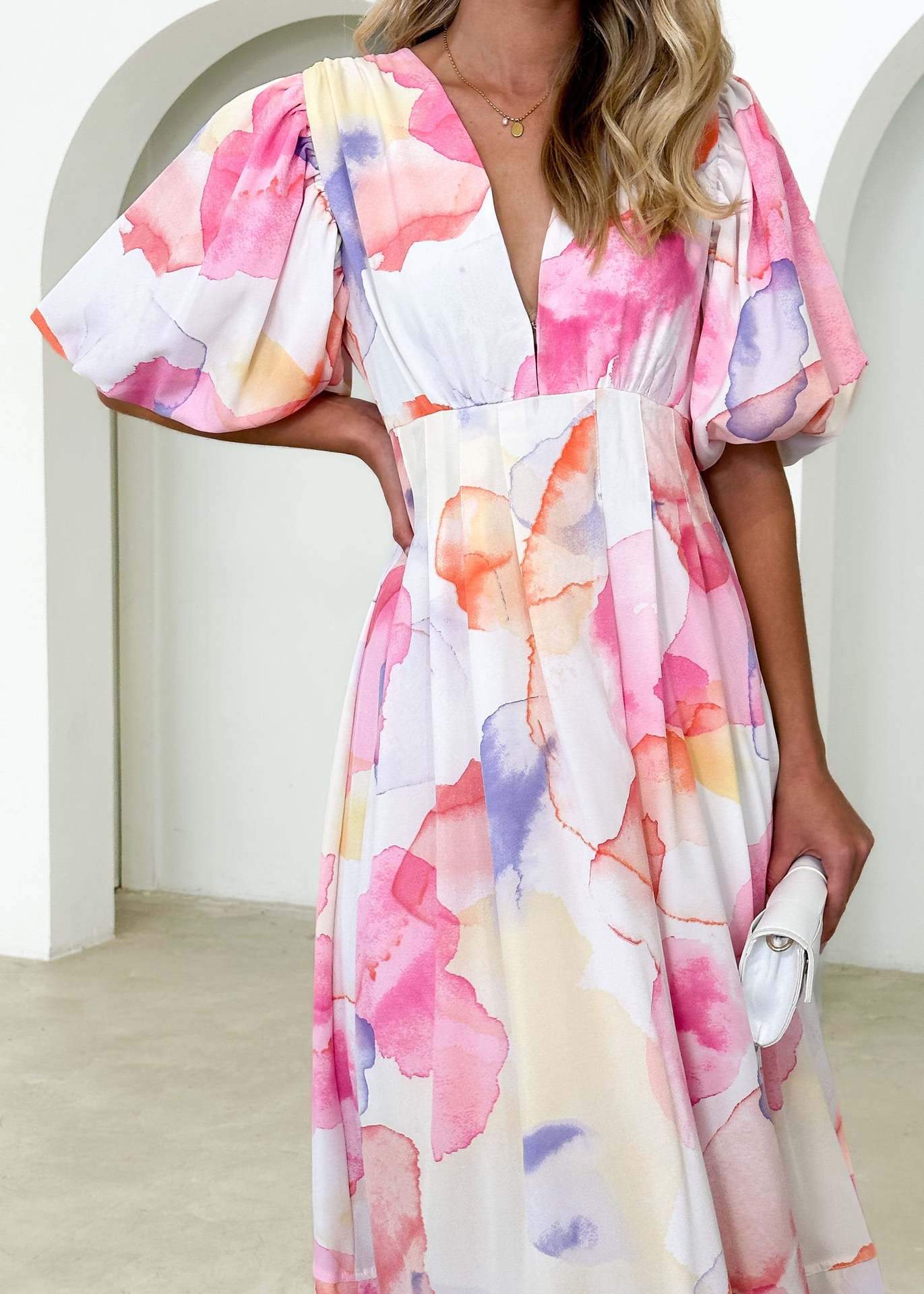 Elegant Floral Printed Puff Sleeve A- Line Maxi Dress