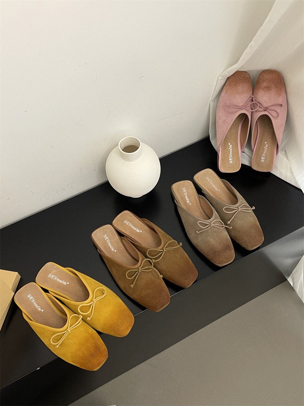 Flat retro nubuck genuine leather slip-on mules