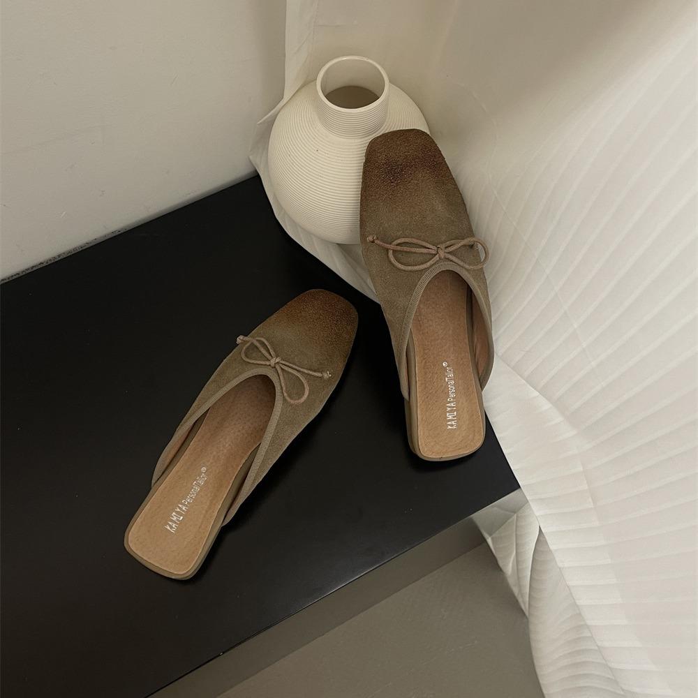 Flat retro nubuck genuine leather slip-on mules