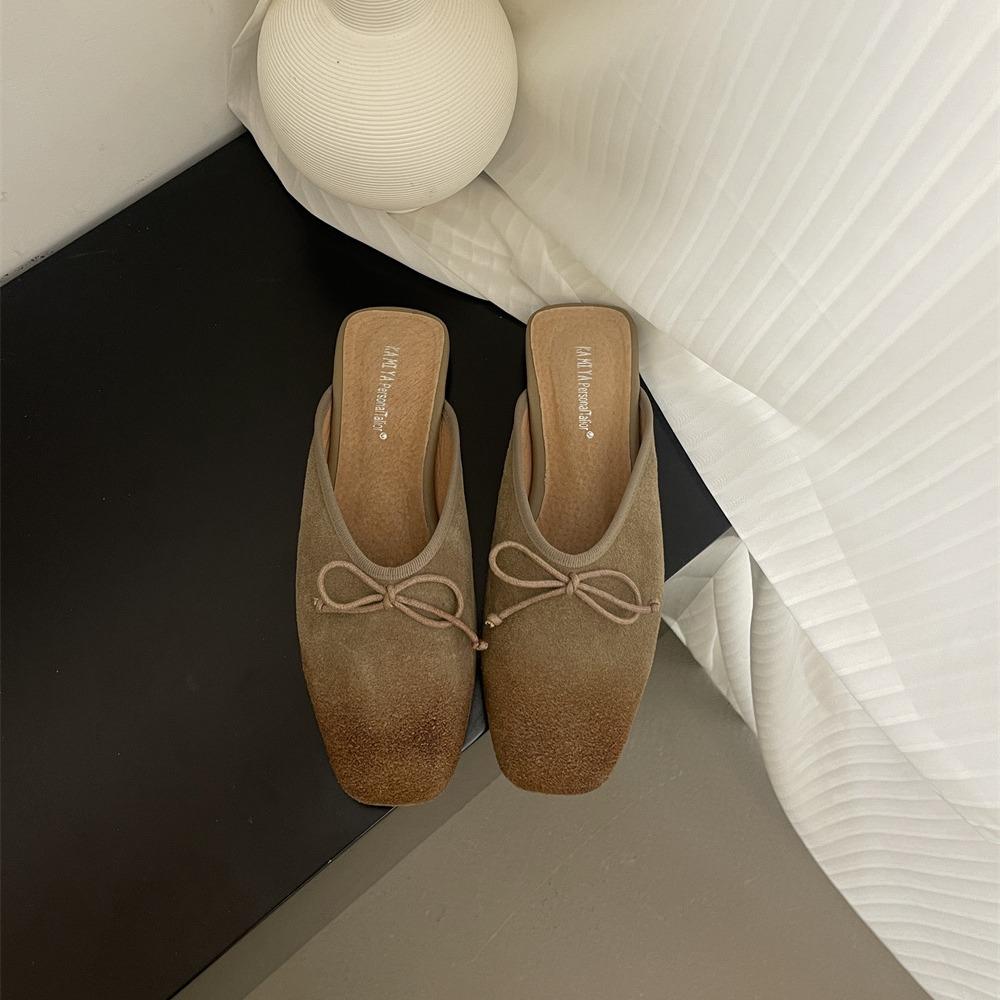 Flat retro nubuck genuine leather slip-on mules