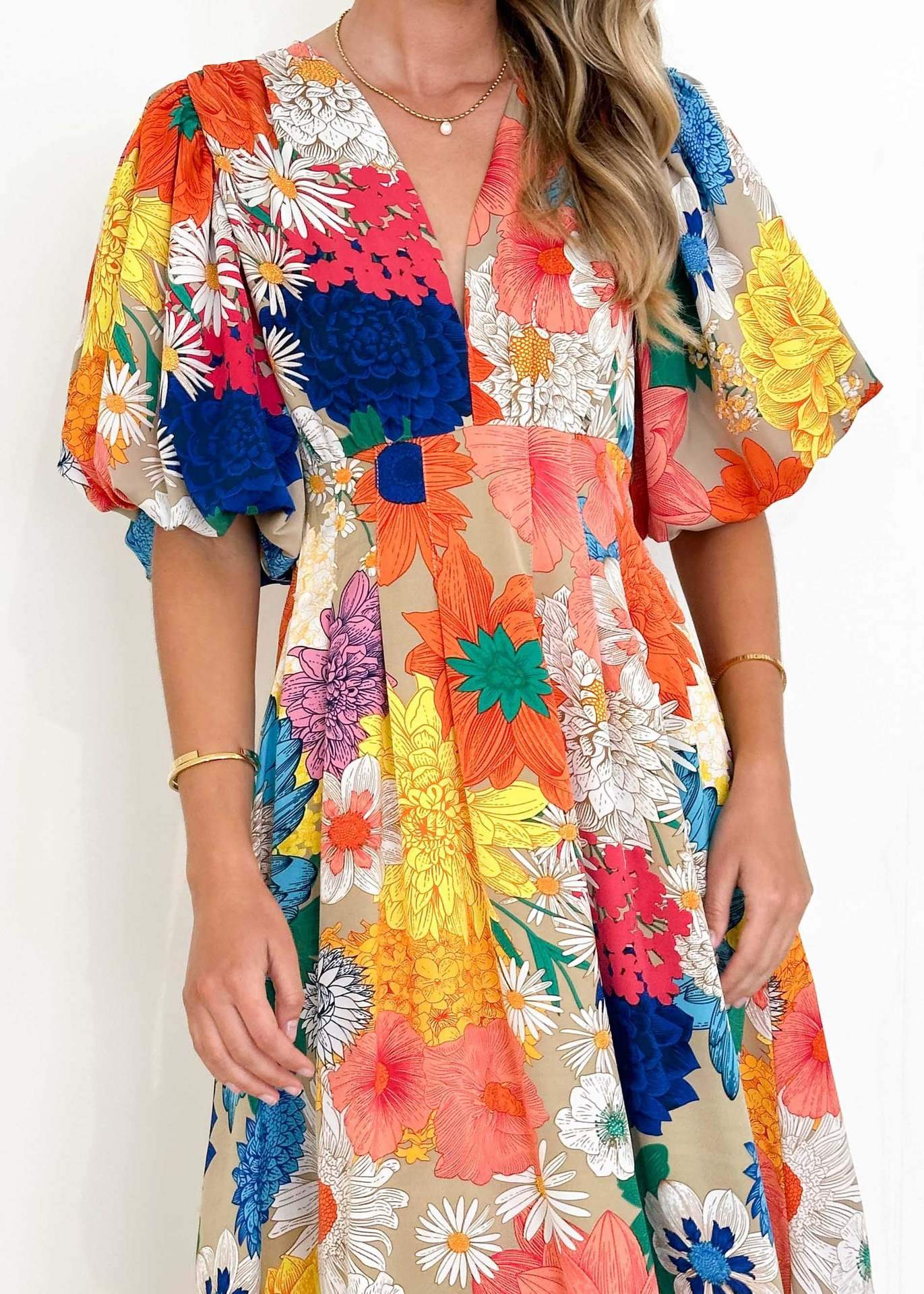 Elegant Floral Printed Puff Sleeve A- Line Maxi Dress
