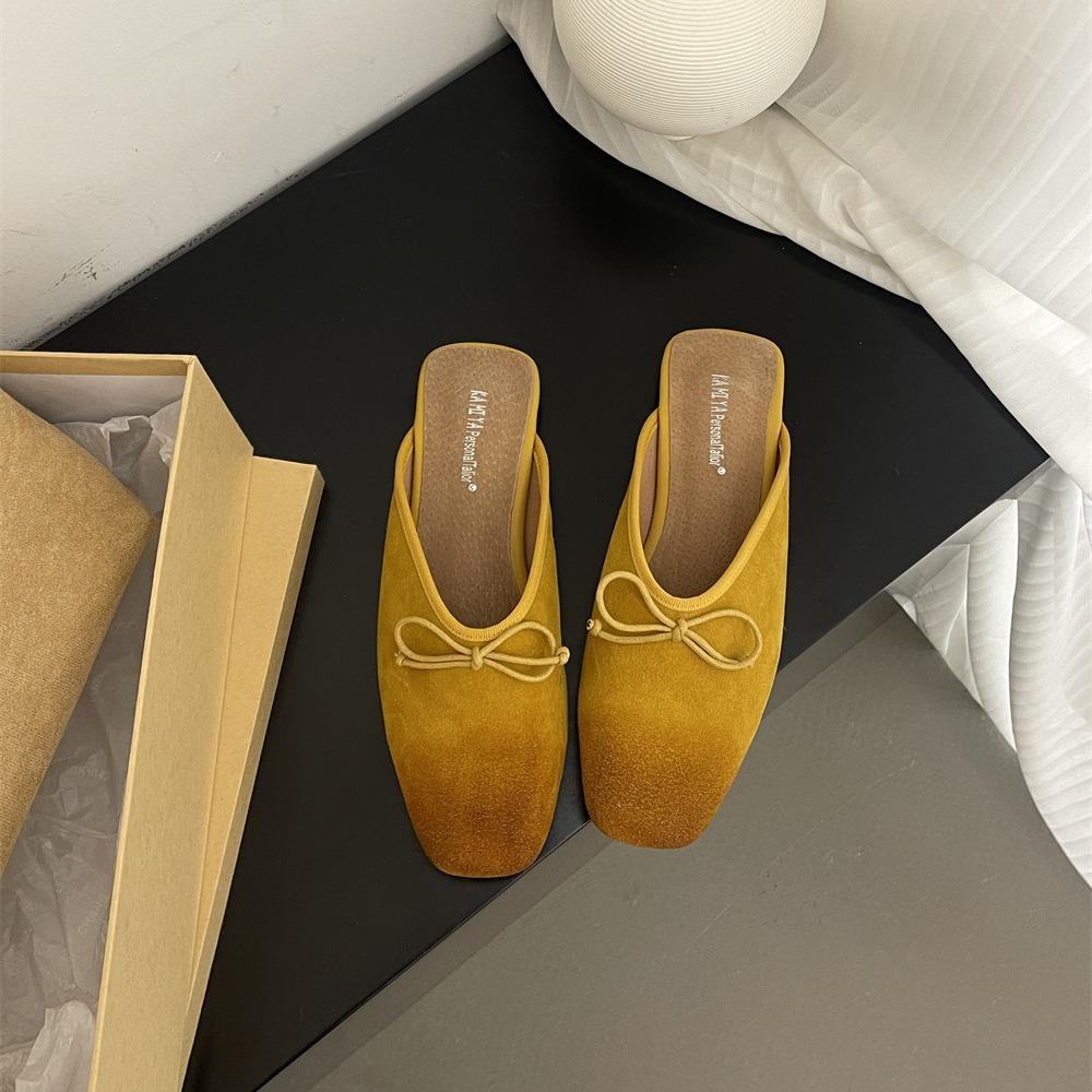 Flat retro nubuck genuine leather slip-on mules
