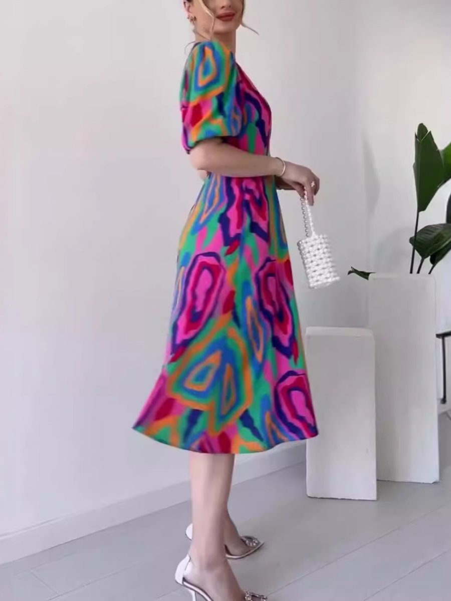 Fashion Printed Casual V-neck A-Line Dress
