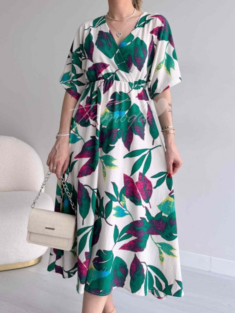 Summer Loose V-neck Tight Waist Printed Midi Dress