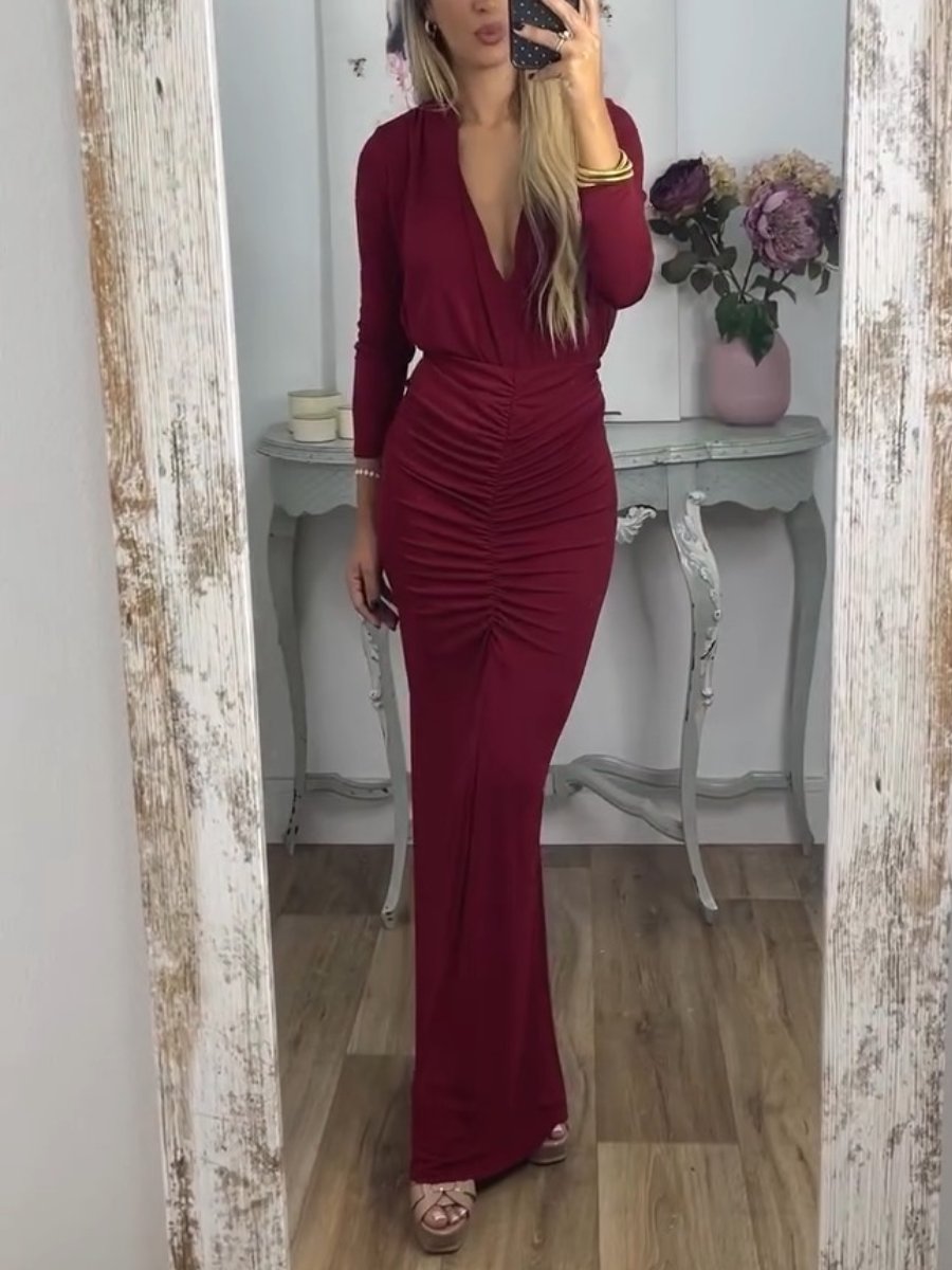 Elegant V-Neck Pleated Solid Color Dress