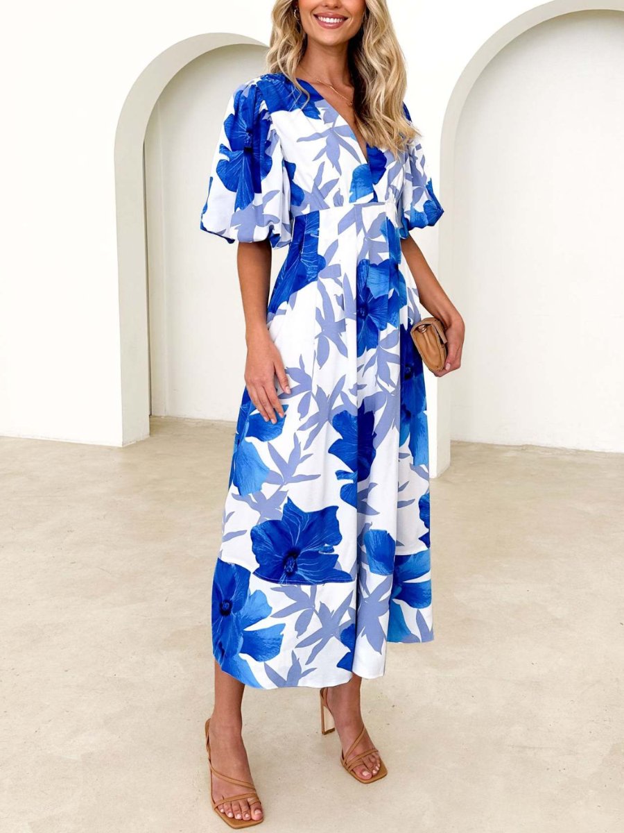 Elegant Floral Printed Puff Sleeve A- Line Maxi Dress