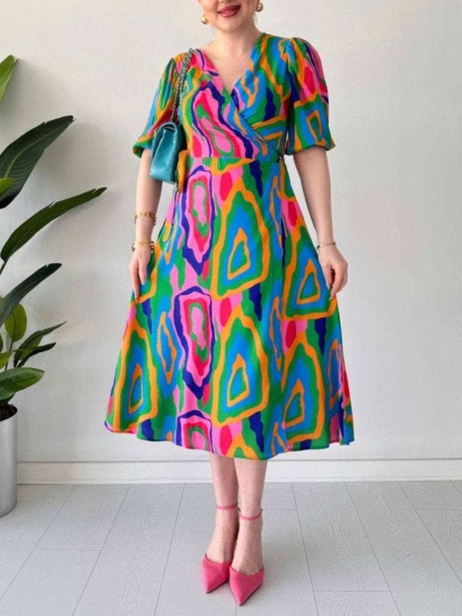 Fashion Printed Casual V-neck A-Line Dress