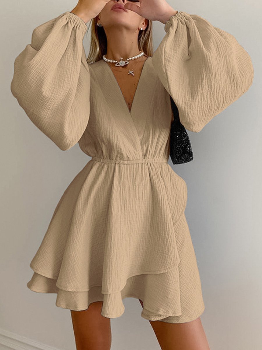 Fashion V-neck Solid Color Mini Dress