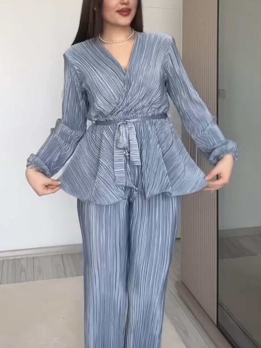 Elegant V-neck Bubble Sleeve Two-piece Trousers