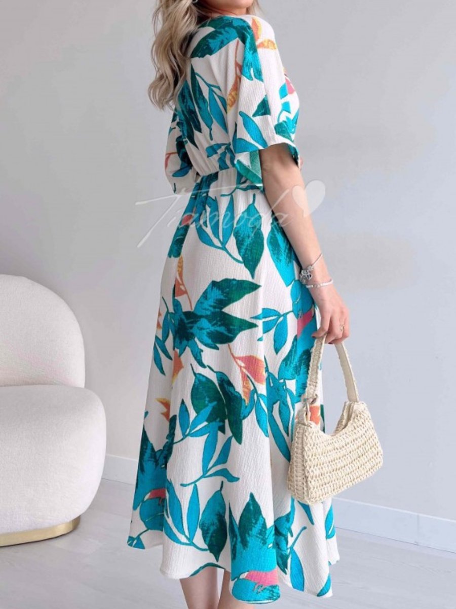 Summer Loose V-neck Tight Waist Printed Midi Dress