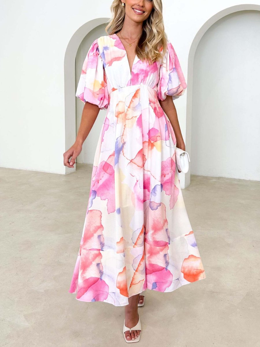Elegant Floral Printed Puff Sleeve A- Line Maxi Dress
