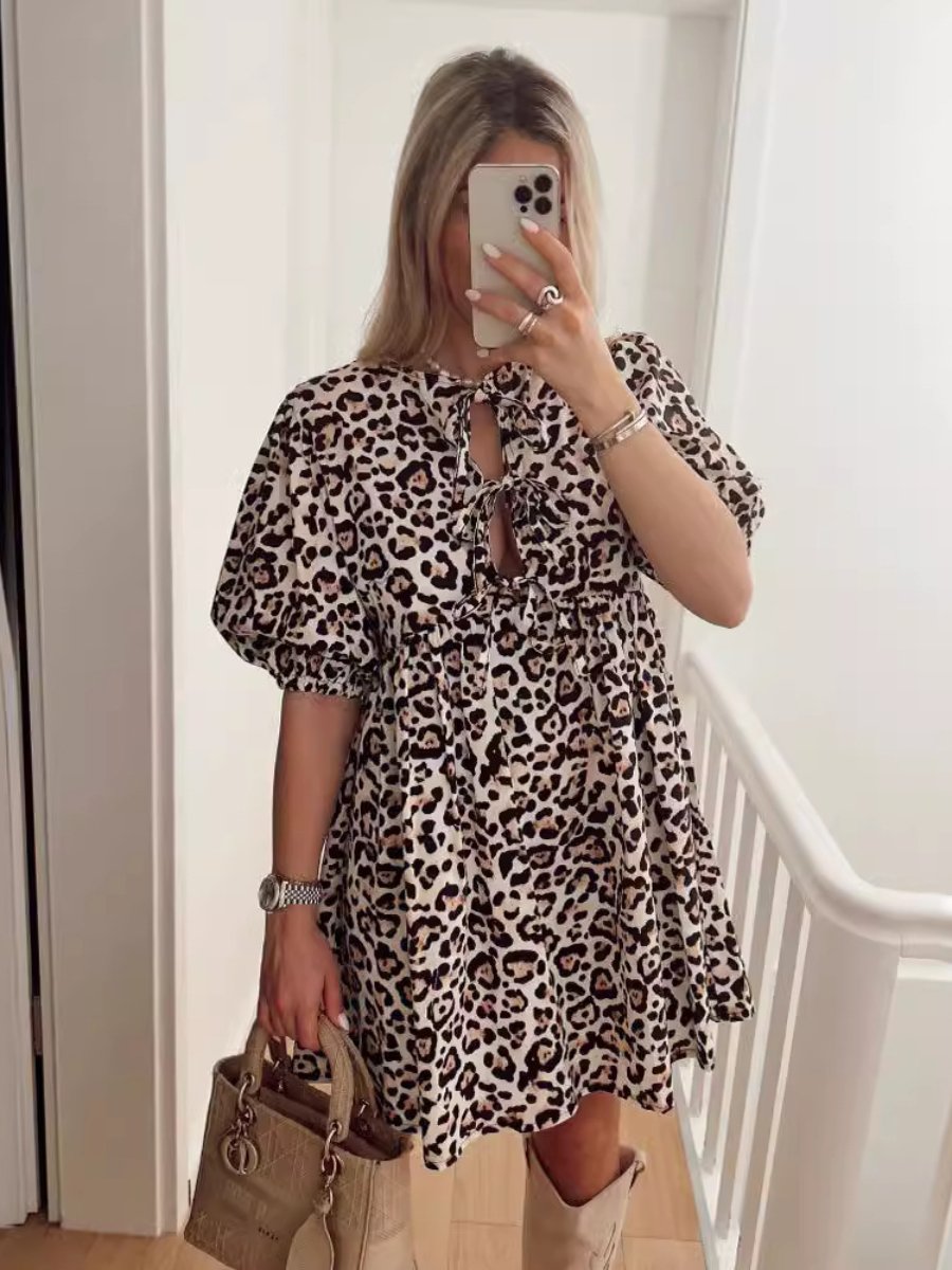 Elegant Crewneck Puff Sleeve Loose Mini Dress