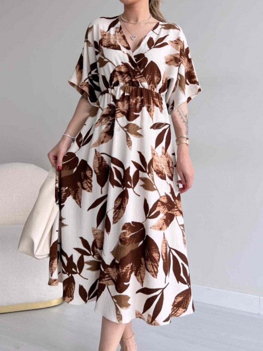 Summer Loose V-neck Tight Waist Printed Midi Dress