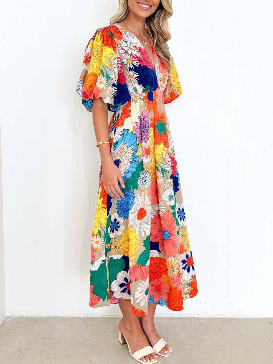 Elegant Floral Printed Puff Sleeve A- Line Maxi Dress