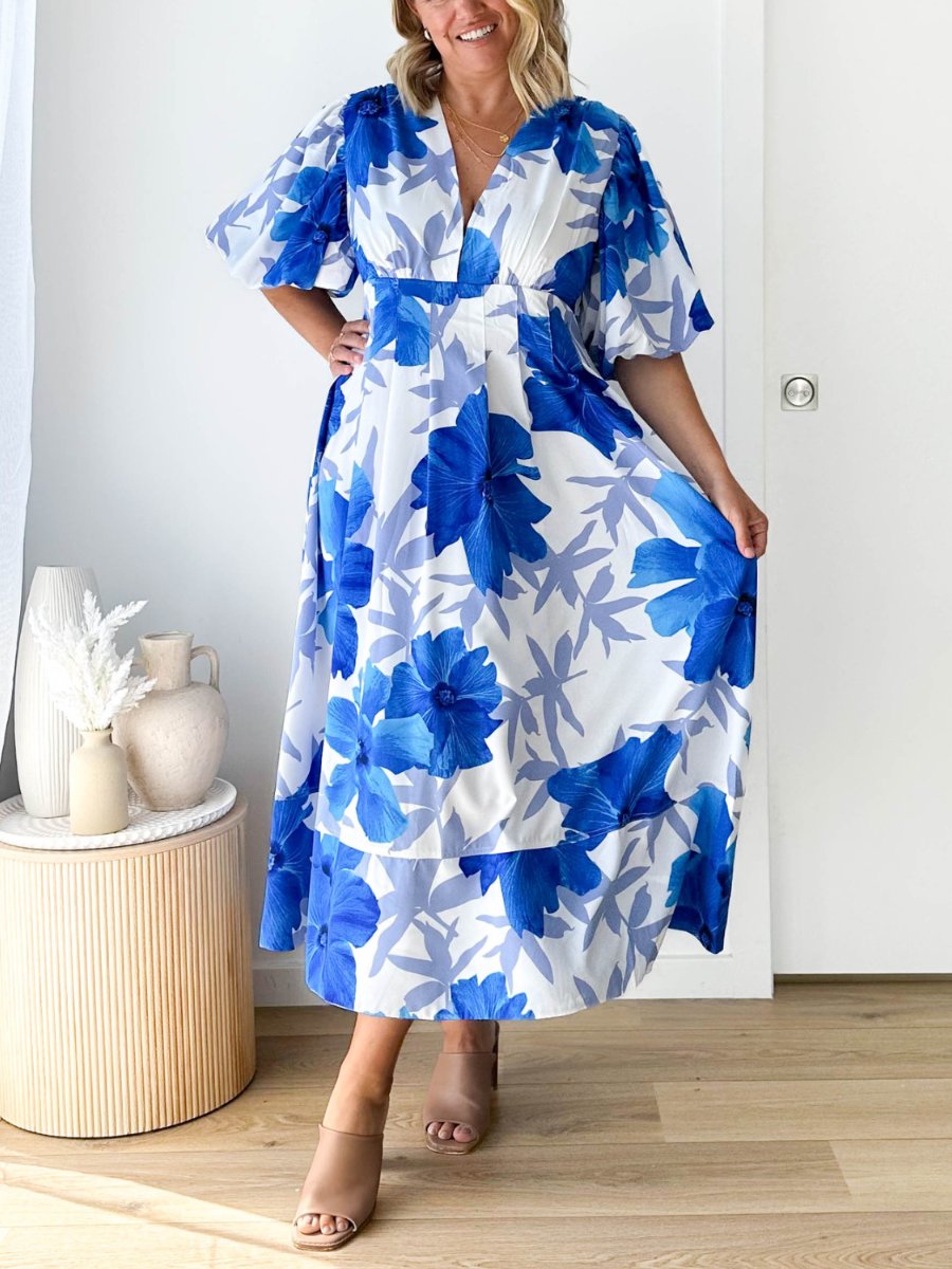 Elegant Floral Printed Puff Sleeve A- Line Maxi Dress