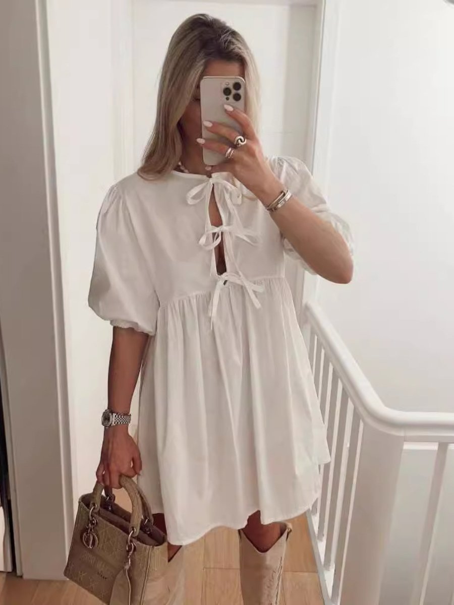 Elegant Crewneck Puff Sleeve Loose Mini Dress