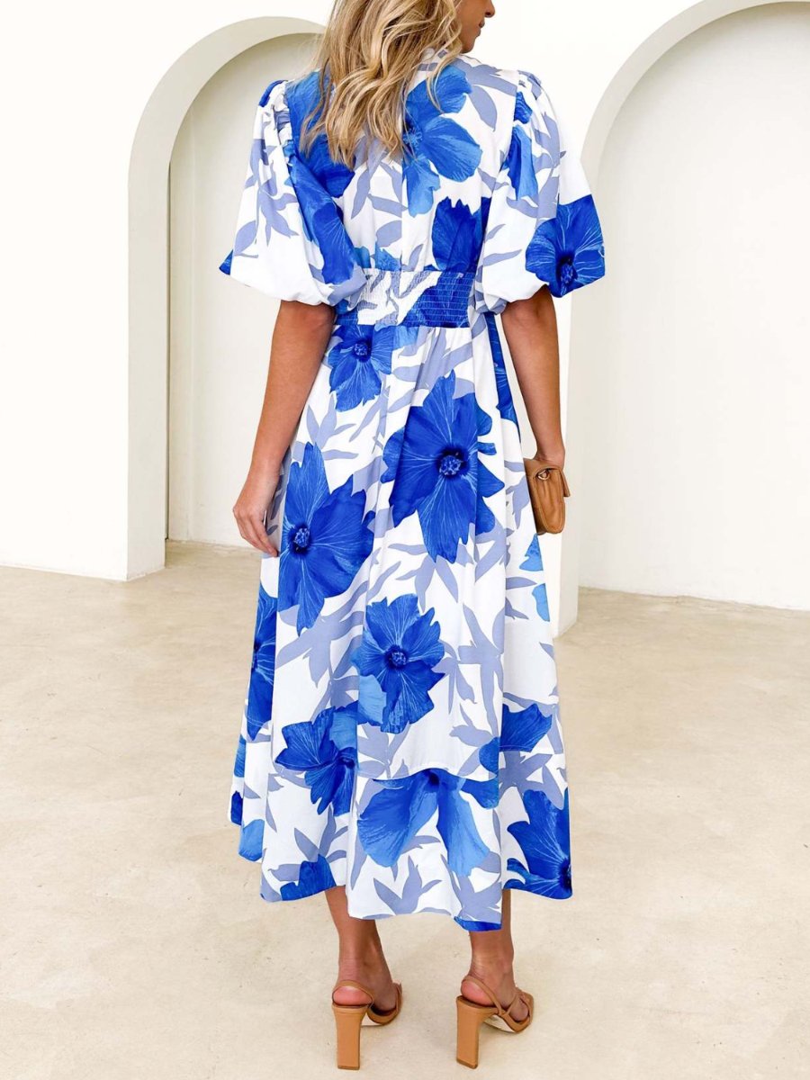 Elegant Floral Printed Puff Sleeve A- Line Maxi Dress