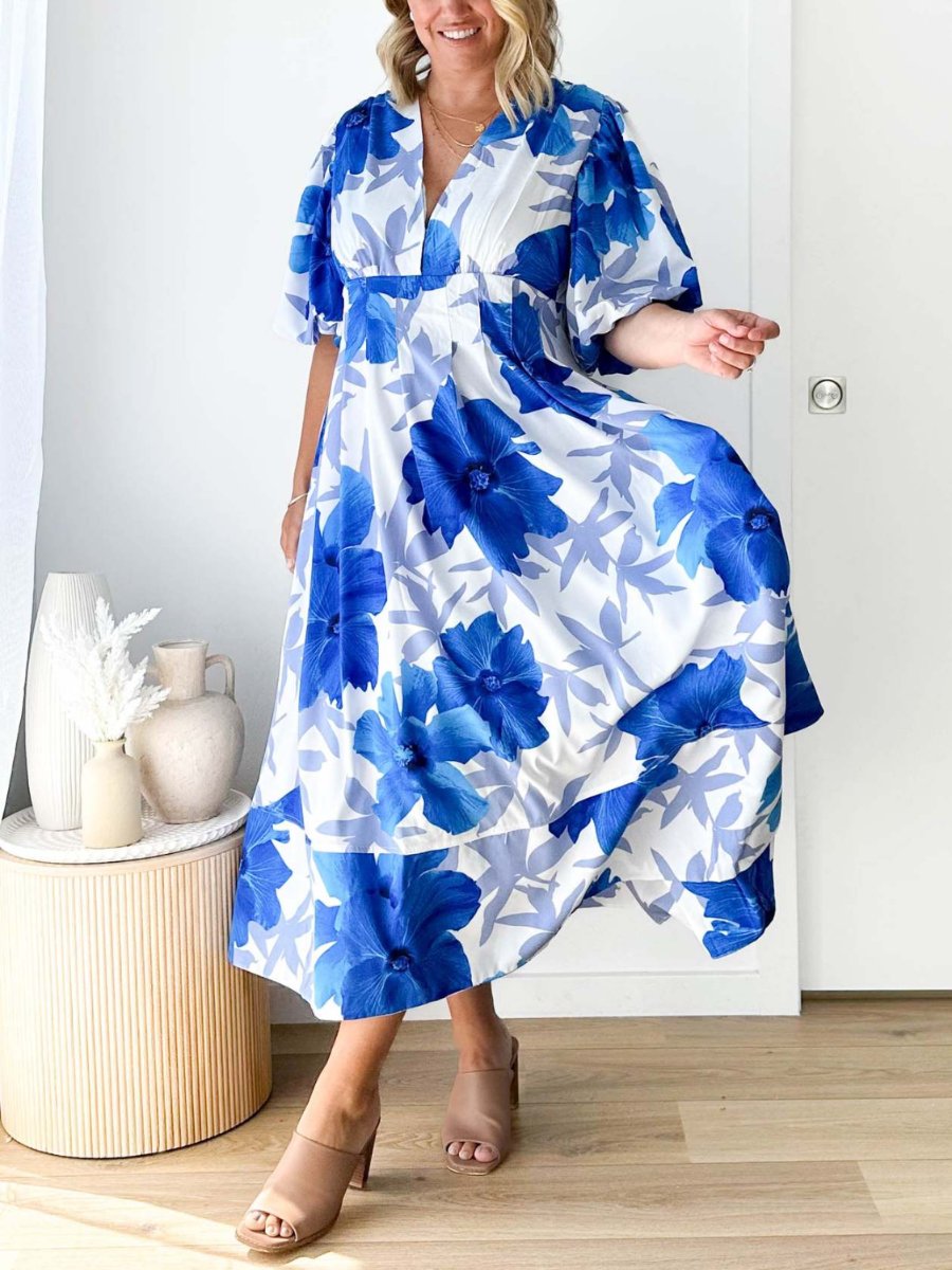 Elegant Floral Printed Puff Sleeve A- Line Maxi Dress
