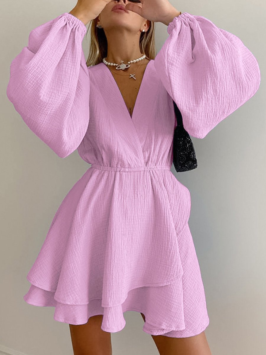 Fashion V-neck Solid Color Mini Dress