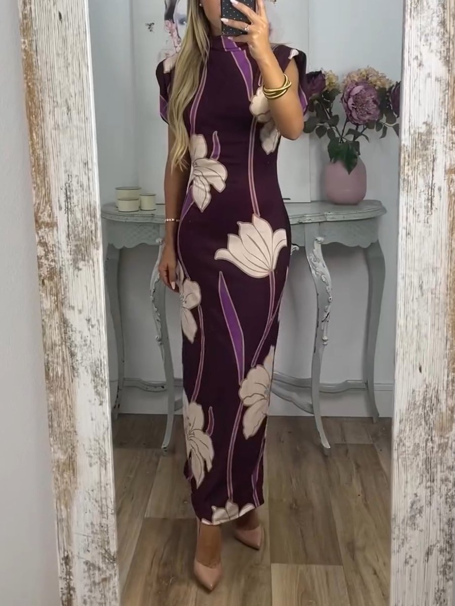 Elegant Stretchy Floral Print Maxi Dress