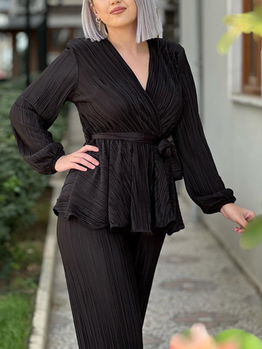 Elegant V-neck Bubble Sleeve Two-piece Trousers