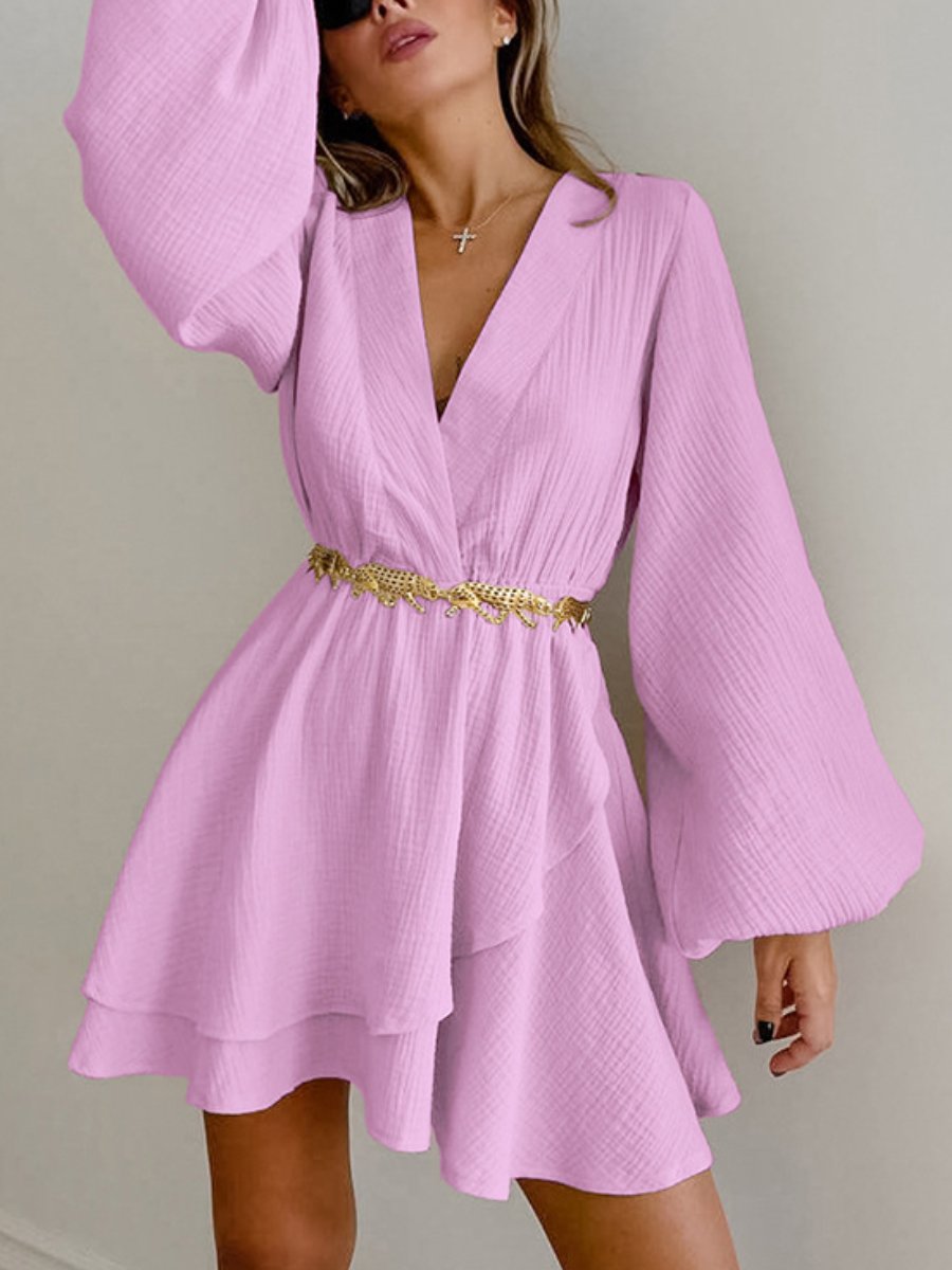 Fashion V-neck Solid Color Mini Dress