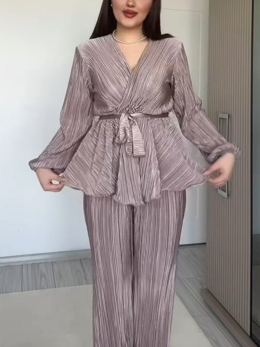 Elegant V-neck Bubble Sleeve Two-piece Trousers