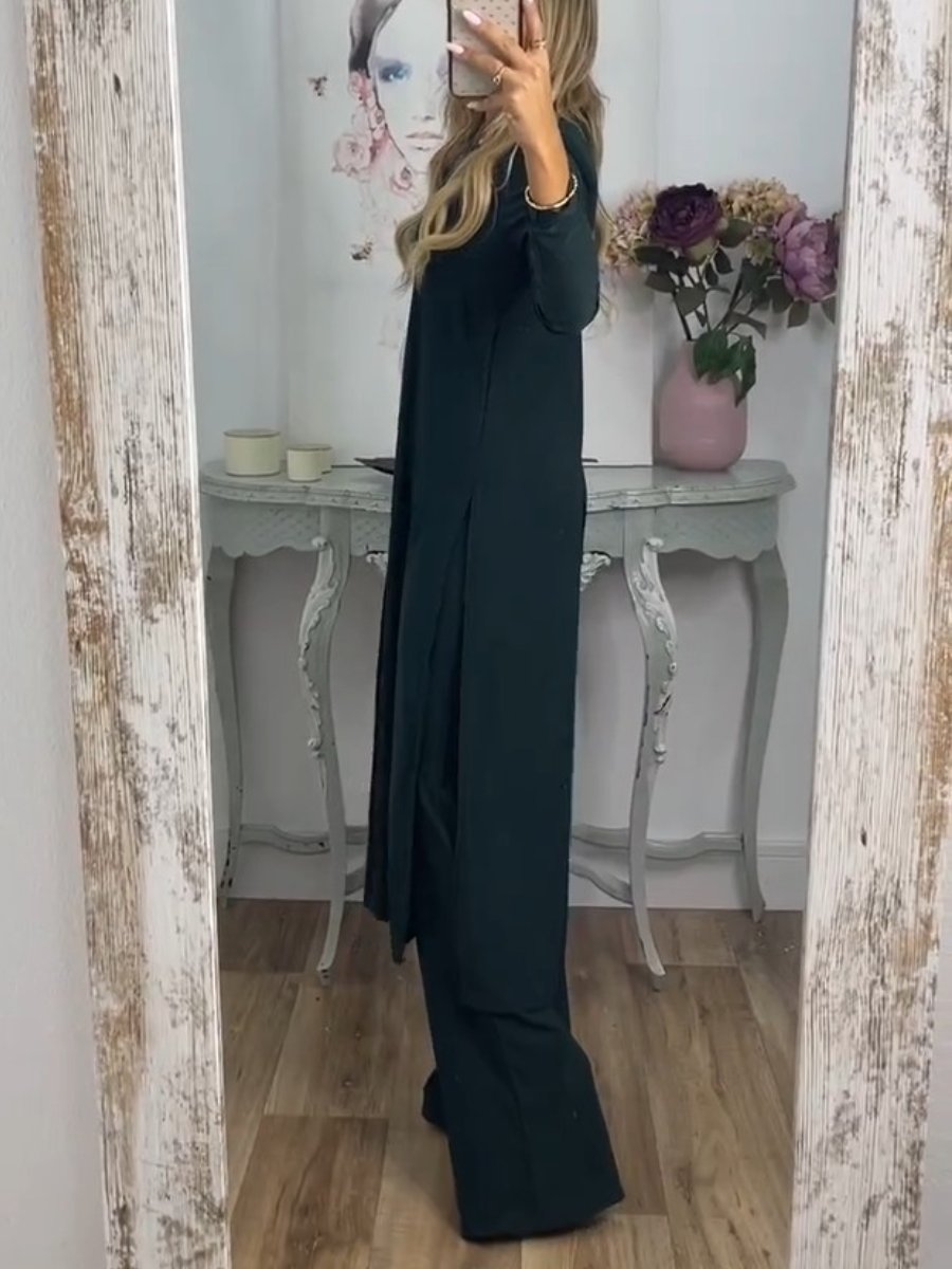 Comfortable Solid Color Long Top & Pants Two-Piece Set