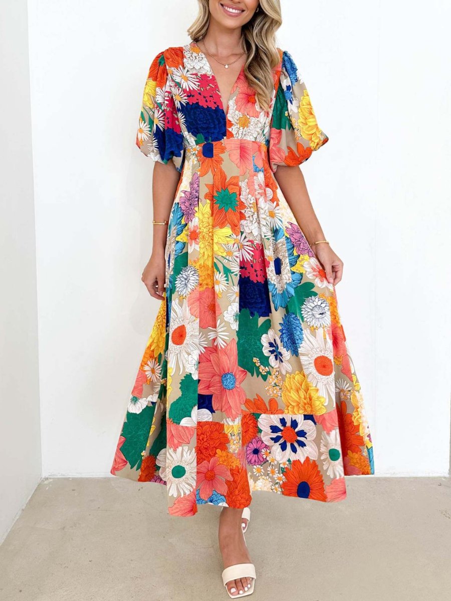 Elegant Floral Printed Puff Sleeve A- Line Maxi Dress
