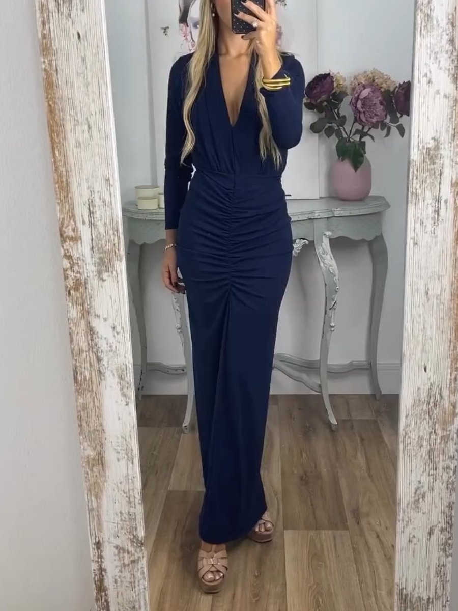 Elegant V-Neck Pleated Solid Color Dress