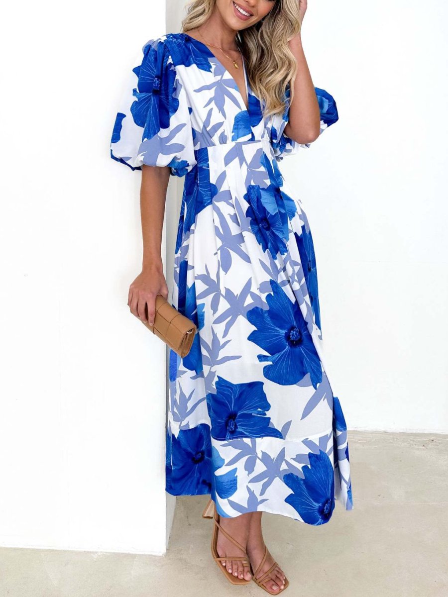 Elegant Floral Printed Puff Sleeve A- Line Maxi Dress