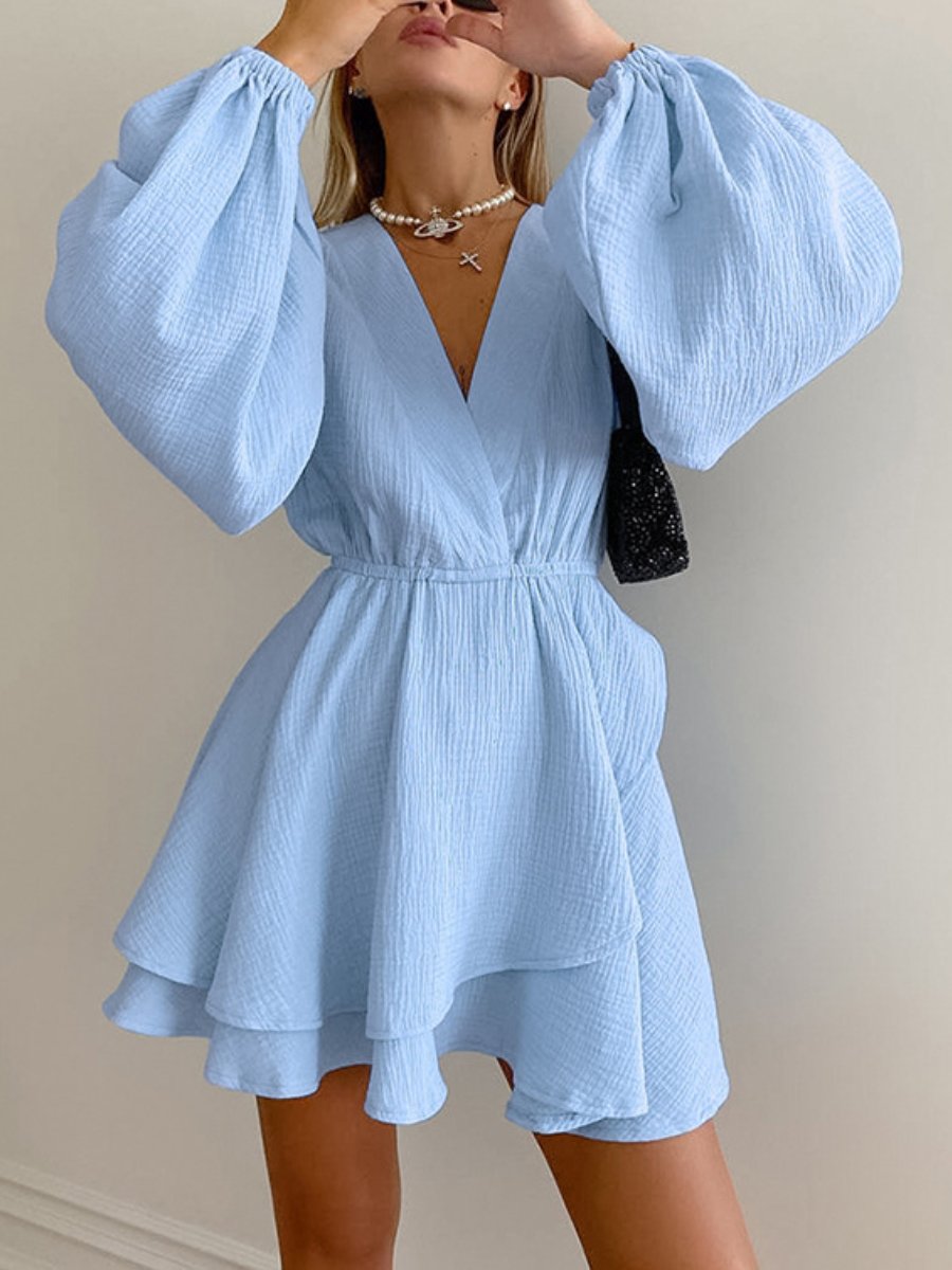 Fashion V-neck Solid Color Mini Dress