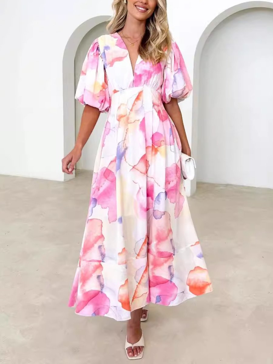 Elegant Floral Printed Puff Sleeve A- Line Maxi Dress