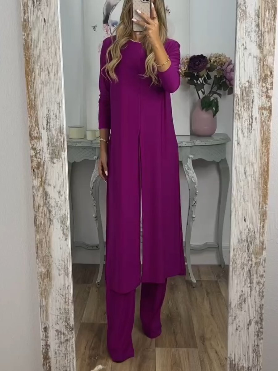 Comfortable Solid Color Long Top & Pants Two-Piece Set